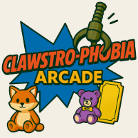 Clawstrophobia Arcade logo with claw machine design and plushies