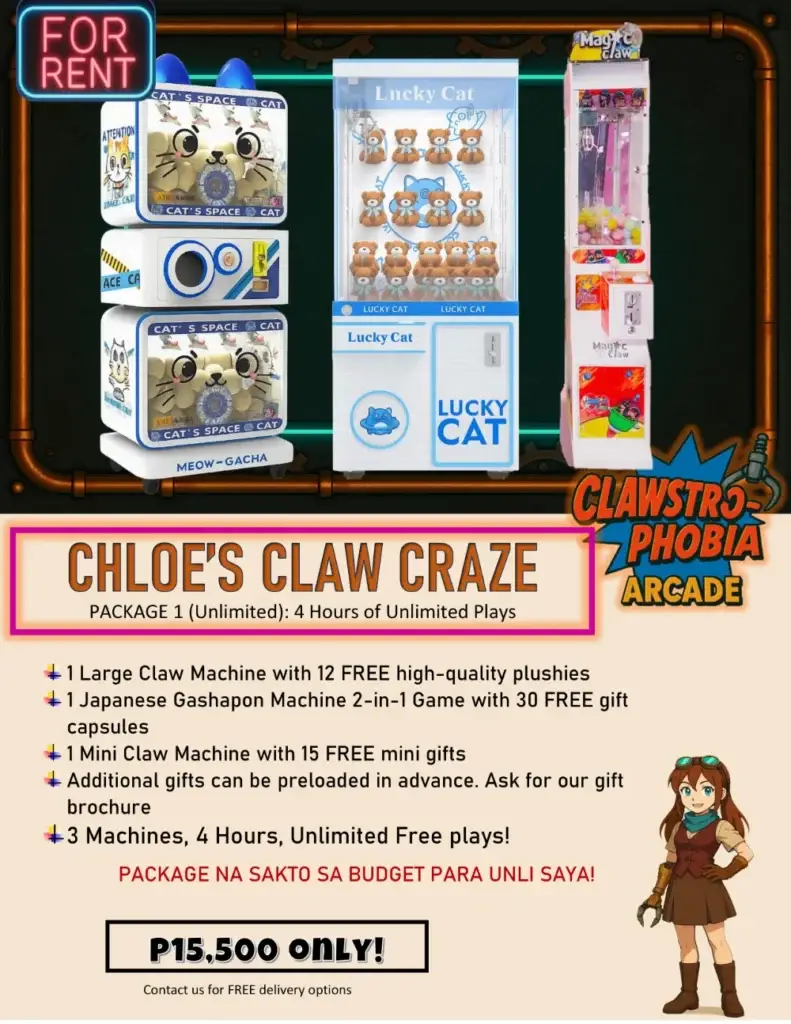 Chloe’s Claw Craze rental package with large claw, mini claw and gachapon for events in Pampanga