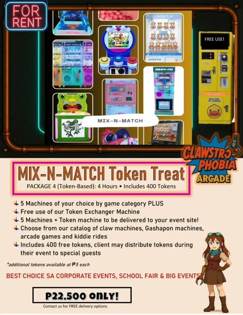 Mix-N-Match Token Treat rental with 5 machines and token bundle for corporate or school events in Pampanga